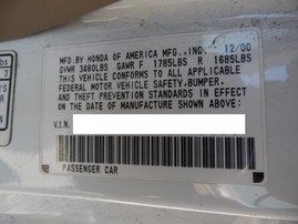 2001 HONDA CIVIC LX WHITE 1.7L AT 2DR A17696